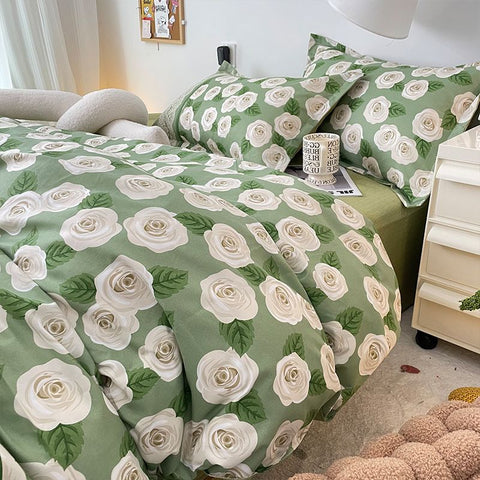 Sonicelife Ins Floral Bedding Set with Duvet Cover No Filler Green Cream Pillowcase Flat Sheet Kid Adult Single Double Size BedSpread