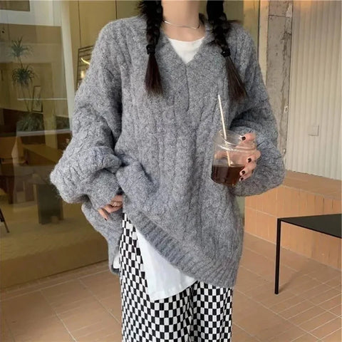 Black Friday Sonicelife Lantern Sleeve Knit Sweater Women Korean Solid Twist V-Neck Fall Winter Warm Pullover Fashion Loose Casual Pretty Style Jumpers