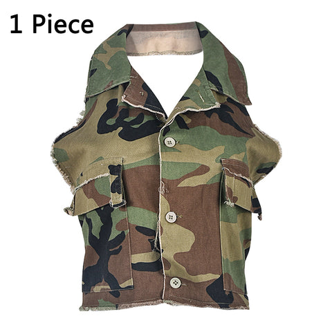 Sonicelife 2 Piece Women Camouflage Skirts Sets Bandage Halter Backless Crop Tops Single Breasted Split Camo Skirts Two Piece Cargo Outfits