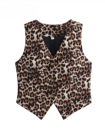 Sonicelife Women's Vest 2024 Fashion Leopard Summer V-Neck Single-breasted Vest Top Ladies Casual Cropped Sleeveless Coat New In Vests