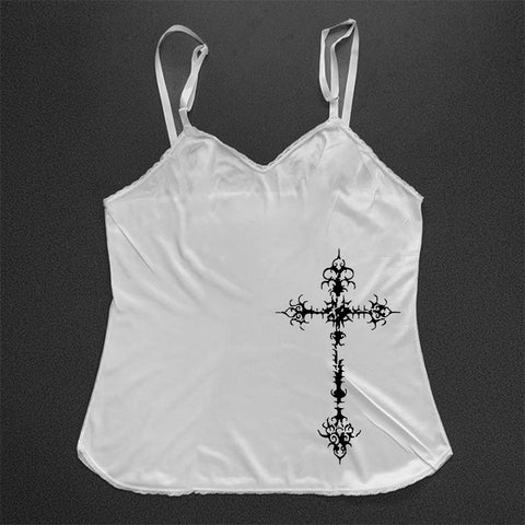 Sonicelife Y2K Gothic Grunge Punk Aesthetic Print Lace Camisole Top Fashion Sexy Sleeveless Slim Chic Crop Top 90s Vintage Rock Women's Tee