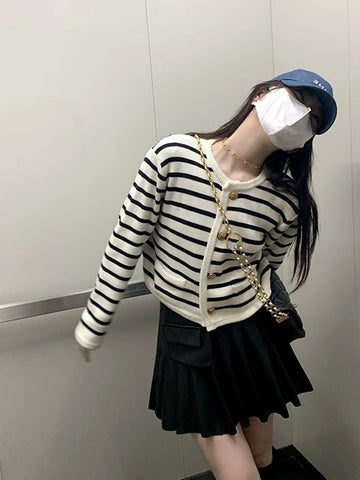 christmas outfit Sonicelife Korean Fashion Sweater Women Cardigans White Black Striped Knitted Female Sweater Winter Short Cardigan Long Sleeve Cardigan Top