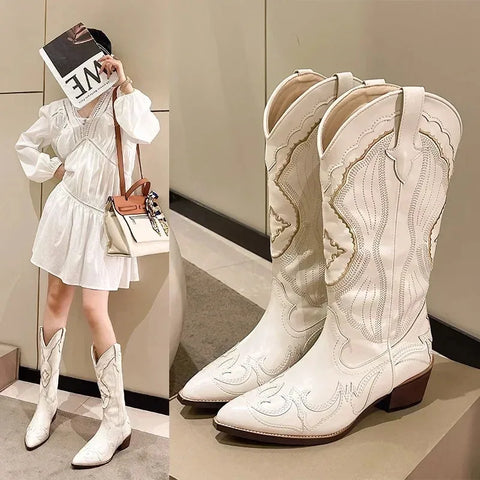 Sonicelife 2025  Embroidered Western Mid Calf Boots Cowboy Square Heels Boots Pointed Toe Platform Boots Women Western Shoes Plus Size42