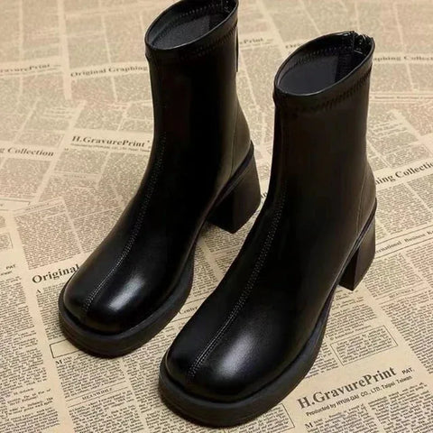 Sonicelife 2025  Fashion Spring and Autumn Women's Chunky Heel Short Boots Pu Material One-foot  Platform Boots Large Size
