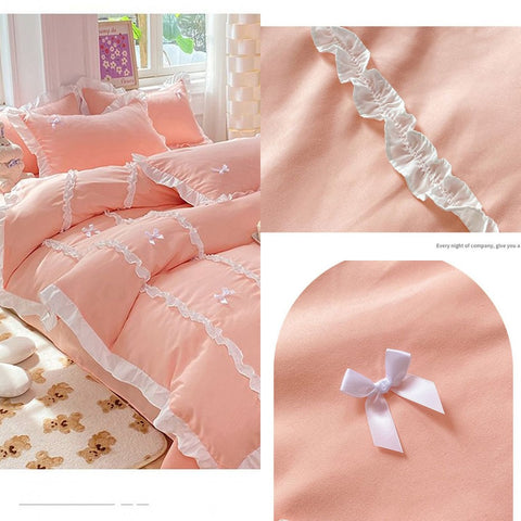 Sonicelife Kawaii Korean Bedding Sets No Filling Ins Princess Style Lace Bow Duvet Cover Fitted Sheet Girl Woman Home Bedroom Bed Linens