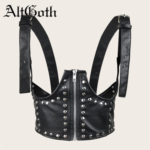 Sonicelife Cyber Punk Pu Leather Corset Belt Women Harajuku Streetwear Hip Hop High Street Rivets Cummerbunds Y2k Emo Alt Crop Tops