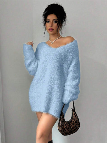 Black Friday Sonicelife Casual Plush V-neck Long Sweaters Women Elegant Loose Solid Long Sleeve Pullover Sweater Female Winter Autumn Chic Daily Tops