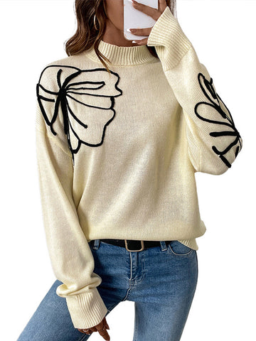 Black Friday Sonicelife Casual Knitted Turtleneck Sweaters Women Retro Loose Flower Printed Pullover Sweater Female Autumn Thin Chic Versatile Tops