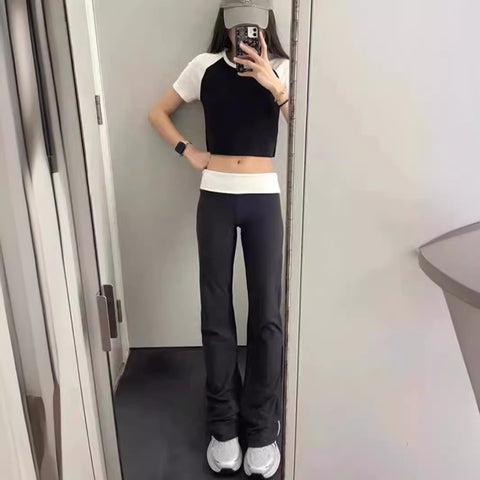 Sonicelife White Patchwork Black Fashion Pants Yoga Pants For Women High Waist Elastic Chic Casual Slim Fit Casual Y2K Long Trouser 2025