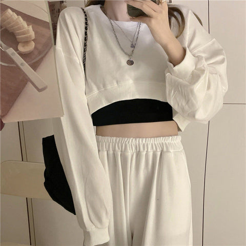 Sonicelife Streetwear Women Sexy Solid Cropped Sweatshirts Oversize Loose Harajuku BF Pullovers Spring Korean Chic Casual Y2k Tops