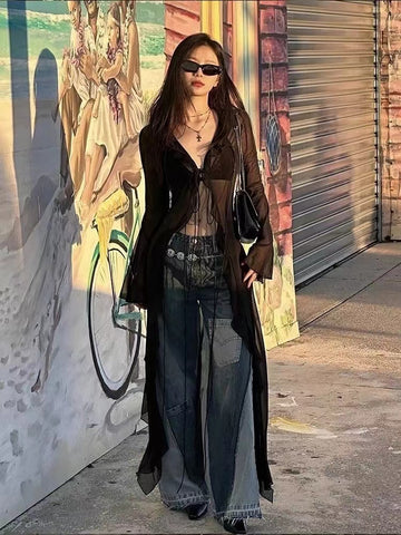 Sonicelife Summer American Retro Print Cardigan Jackets Women Long Sleeve Mesh Sun Protection Coat Women Y2k Grunge Slim Fit Blusas Shirts