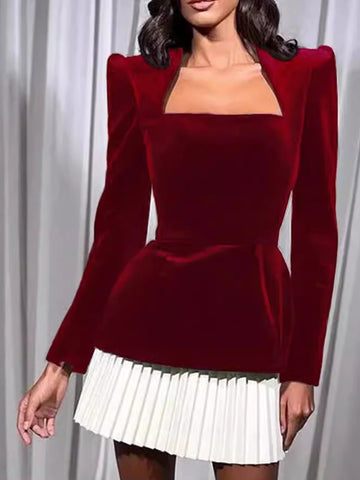 Sonicelife 2025 Elegant Velvet High Waist Spliced Mini Dress Fashion Women Square Neck Long Sleeve Gowns Autumn Winter Lady New Party Wear
