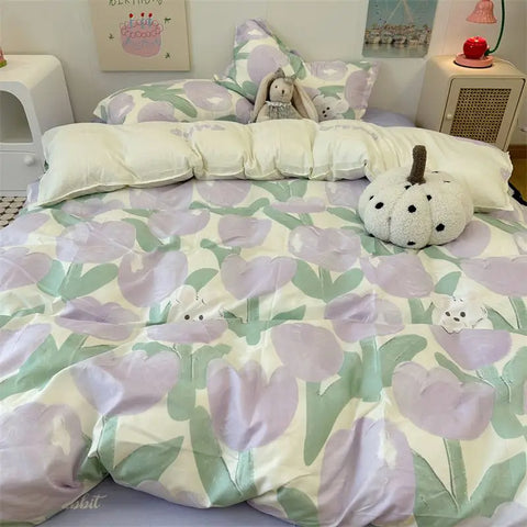 Sonicelife Kawaii Duvet Cover Bedding Set No filler Ins Style Cartoon Flat Sheet Pillowcase Single Full Bed Linen Girls Boys Home Deco 2024