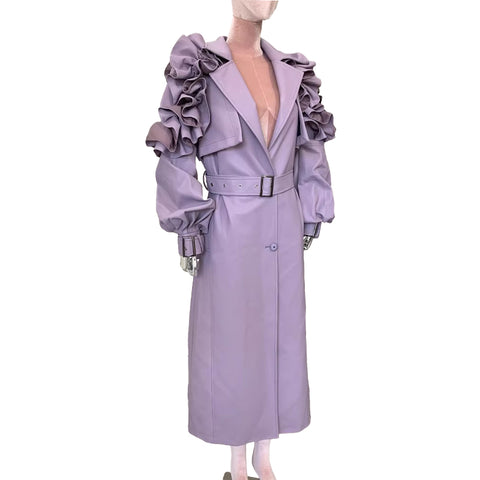 christmas outfit Sonicelife Spring Long Soft Purple Faux Leather Trench Coat for Women with Ruffled Lantern Sleeve Elegant Luxury Chic Overcoat