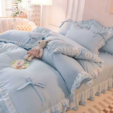 Sonicelife Green Bedding Sets Kawaii Seersucker Bed Sheet Pillowcase Fashion Girl Princess Duvet Cover 4 Pieces Cute Home Decoration