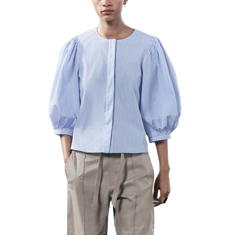Sonicelife Women's Striped Round Neck Shirt Simple and Versatile Casual Slimming Short Top Poplin Texture New