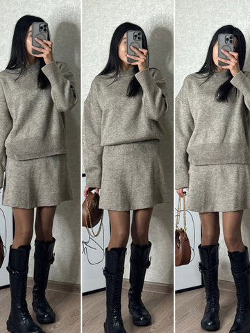 Sonicelife Elegant Knitted Sweater Skirt Sets Women O-neck Long Sleeve Loose Sweaters Mini Skirts Suits 2 Pieces 2025 Spring Lady Outfits