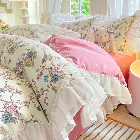 Sonicelife Princess Style Bedding Set Cute Korean Ruffles Single Double Queen Size Duvet Cover Sheet Pillowcase Girls Bedspread