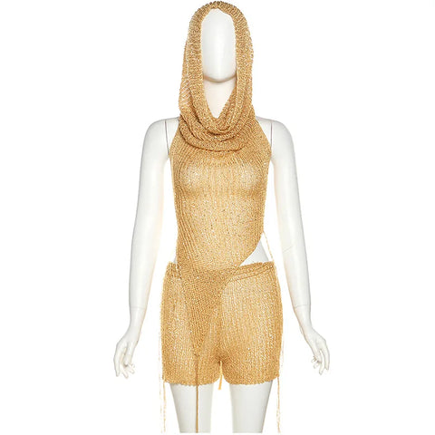 Sonicelife Sexy Hot Women 2 Piece Shiny Sequin Gold Hooded Tops Shorts Sets Hollow out Knitted Top High Waist Slim Shorts Two Piece Outfits