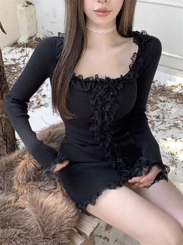 Sonicelife Y2k Dress Women Clothing Kpop Lace Long sleeves Party Dresses High waist Korea Sweet Girl Mini Dressees Harajuku Sexys Dress