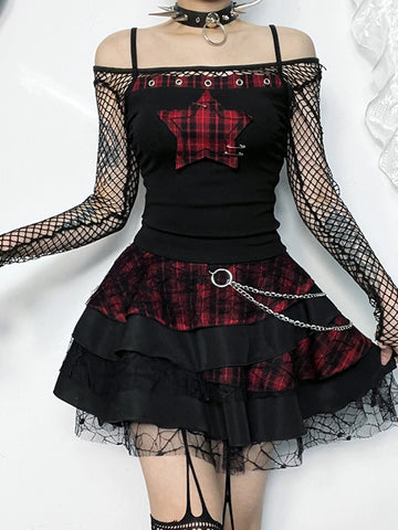 Sonicelife Streetwear Y2k Camis Women Aesthetic Mall Goth Red Plaid Pentagram Patchwork Crop Tank Tops Harajuku Cyber Punk Clothes