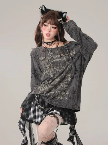 Sonicelife Sexy Hollow Out T Shirt Women Gothic Goth Grunge Dark Off Shoulder Tees Streetwear Letter Print Fashion Tops Autumn