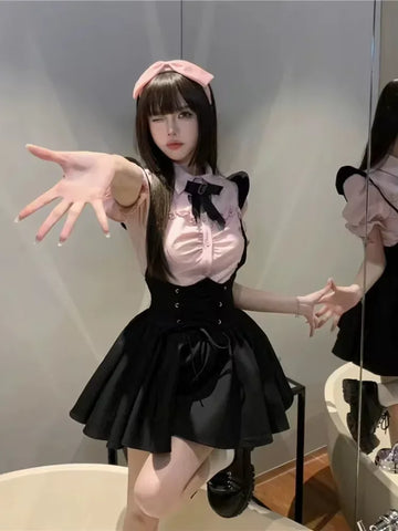 Sonicelife Summer Cute Girl Kawaii Two-piece Women Korean Stlye Elegant Pink Puffed Sleeves Heart Hollow Shirt + Black Suspender Mini Skirt