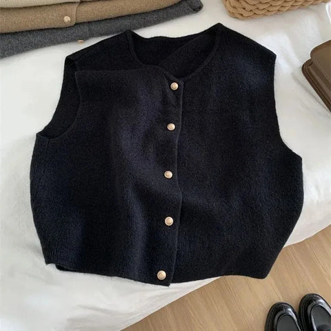 Black Friday Sonicelife Elegant Sweater Vest Women Korean Button Solid Casual Basic V-Neck Knitted Tank Fashion Fall Sleeveless Lady Cardigan