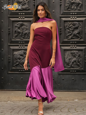 Sonicelife 2025 Chic Purple Shawl Collar Off Shoulder Maxi Dress Fashion Contrast Spliced Pleated Hem Backless Robe Lady New Party Dresses