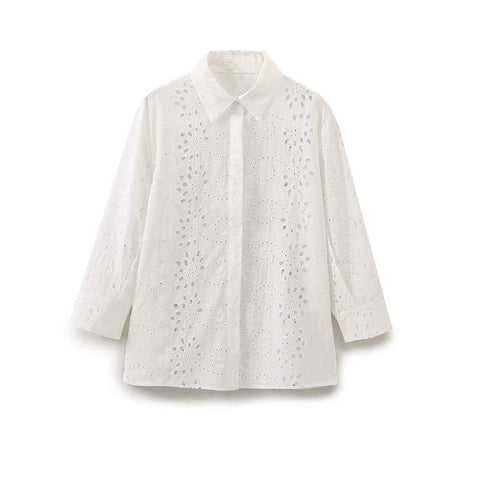Sonicelife Women's Long Sleeved Shirt Solid Color Hollow Embroidery for Commuting Sweet and Versatile New