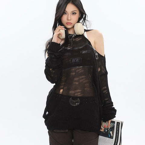 Sonicelife Hollow Out Halter Knitted Sweaters Women Streetwear Sexy Off Shoulder Knitted Pullovers American Vintage Harajuku Loose Top