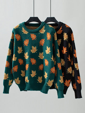 christmas outfit Sonicelife Long Sleeves Loose Contrast Color Jacquard Knitted Leaves Split-Joint Round-Neck Pullovers Sweater Tops