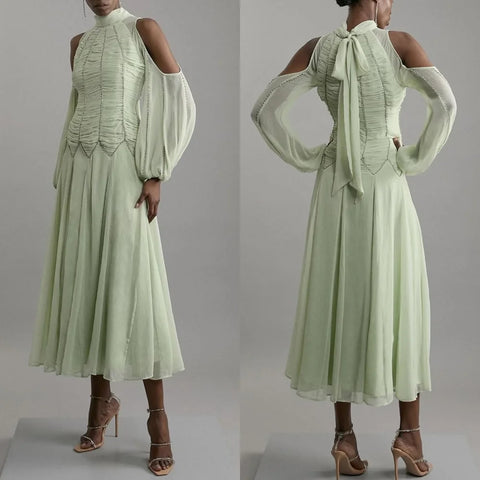 Sonicelife Customized Simple Chiffon Pleat A-line High Collar Midi Dresses Cocktail Dresses Classic Exquisite Modern Style Pastrol  Chinese (PRE-ORDER)