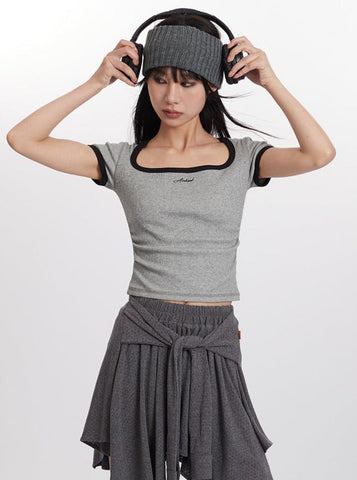 Sonicelife-Contrasting Color Square Collar Short-Sleeved Short T-Shirt