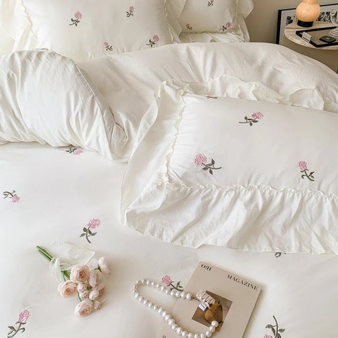 Sonicelife 3pcs Rose Embroidered Duvet Cover Set (1*Duvet Cover + 2*Pillowcase, Without Core), Princess Style Lace Bedding Set