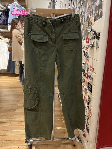 Sonicelife Vintage Casual Green Cargo Pants Women Autumn Solid Adjustable Elastic High Waist Straight Pants Retro Streetwear Y2k Trousers