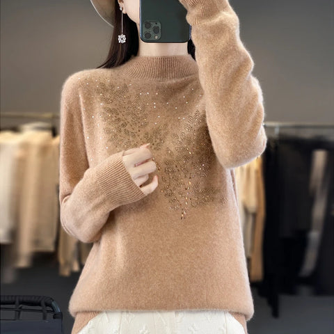 christmas outfit Sonicelife Women Autumn Winter Pure Wool Thickening Sweater Half-high Collar Leaf Studded with Diamonds Pullover Female Knitted Basis Top