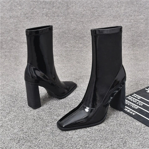 Sonicelife Brand Women Shoes 2024 New Black Patent Leather Fashion Square Toe Women's Boots Comfor Thick Heel Ladies High Heel Ankle Boots