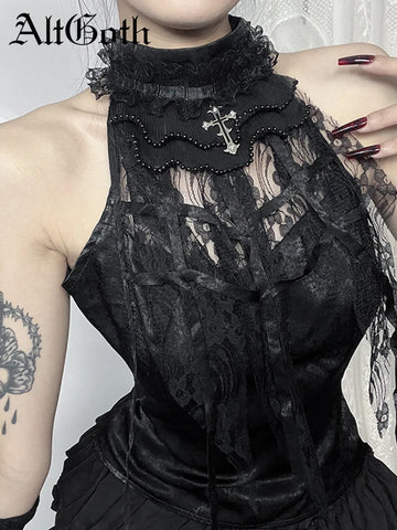 Sonicelife Gothic Aesthetic Vest Women Streetwear Vintage Lace Patchwork Halter Crop Tank Tops Elegant Grunge Coquette Rave Outfits