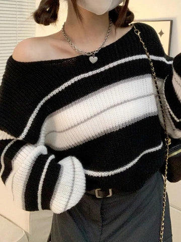 Sonicelife-Stripe Splice Short Sweater
