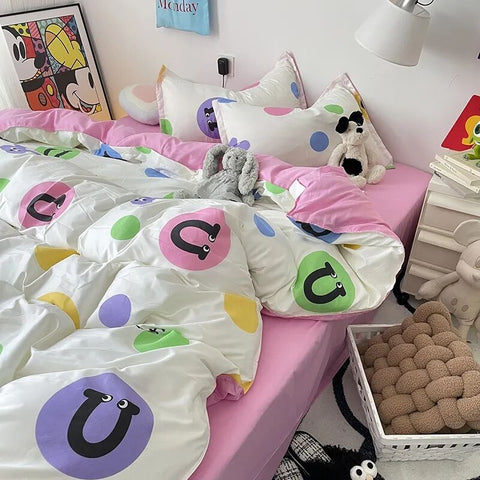 Sonicelife Korean Style Letter Bedding Set Pink Flat Bed Sheet Pillowcase Twin Full Queen Size Bed Linen Women Girls Duvet Cover No Filler