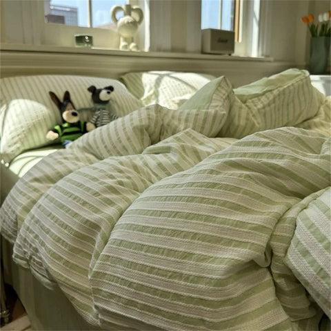 Sonicelife Ins Nordic Duvet Cover Set Quilt Set Minimalist Style Grey Strip Bed Set Of Four Pieces, Home Luxury Bedding Set Bed Sheets