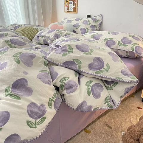 Sonicelife Floral Dream Bedding Set Soft Cotton Duvet Cover Queen King Size Pillowcase Bed Linens