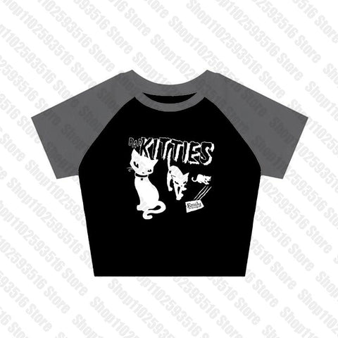 Sonicelife Y2K Grunge Cyber Goth Tee Vintage letter cat graphics Short Sleeve Crop Tops baby tees Kawaii Skater T-shirt Women Streetwear