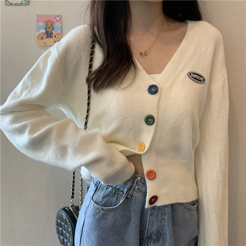 Sonicelife V Neck Cropped Cardigan Sweaters Women Casual Sweet Rainbow Buttons Knitted Coat Korean Female Autumn Loose Long Sleeve Top