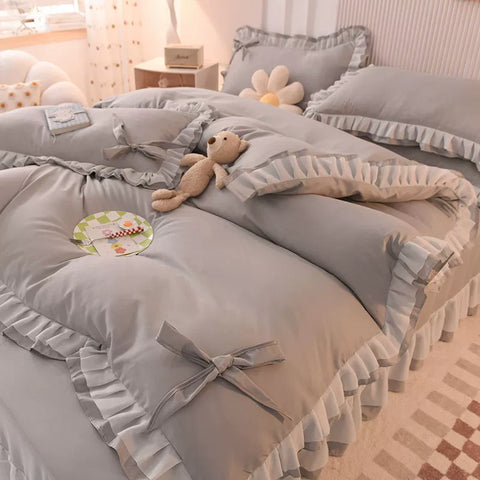 Sonicelife Green Bedding Sets Kawaii Seersucker Bed Sheet Pillowcase Fashion Girl Princess Duvet Cover 4 Pieces Cute Home Decoration