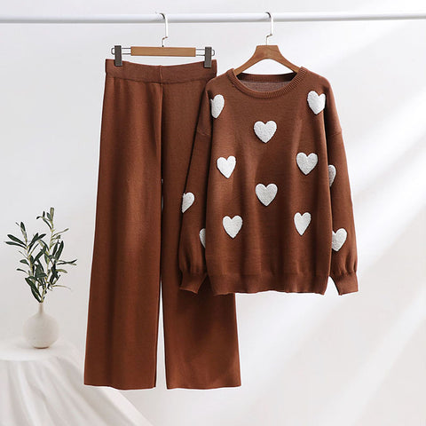 Sonicelife Heart Printed Knitted Sweater Pants Sets Women Long Sleeve Oversize Pullover High Waist Wide Leg Trousers Suits 2 Pieces Outfits