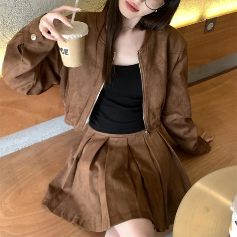 thanksgiving outfit Sonicelife 2024 Autumn New Sensibility Maillard Brown Vintage Leather Jacket With Pleated Skirt Set Women Fashion Dress Set