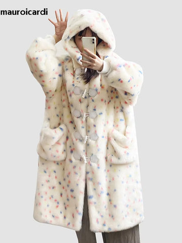 christmas outfit Sonicelife Winter Long Oversized Colorful Cute Sweet Faux Fur Coat Women with Hood Horn Buttons Fluffy Furry Overcoat 2025