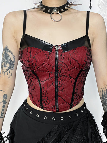 Sonicelife Gothic Punk Red Camis Women Streetwear Harajuku Spiderweb Patchwork Crop Tank Tops Emo Alternative Grunge Rave Outfits